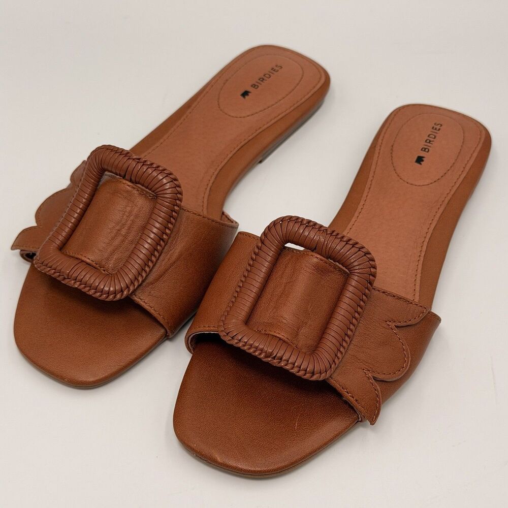 Birdies The Kiwi Cognac Leather Slide Sandals Woven Buckle Women’s Size 7 Resort